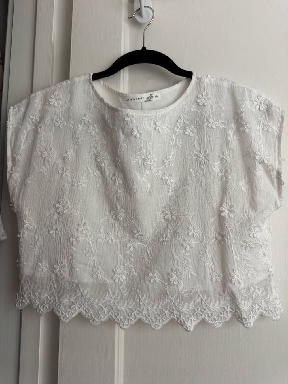 Altar'd State White Floral Embroidered Short Sleeve Blouse